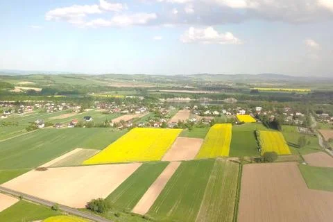 Rapeseed fields from the height of bird flight. Shooting from the drone or ai Stock Photos