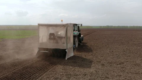 Rapeseed sowing tractor seeder selection field spring. In the background, wheat Stock Footage 129738695