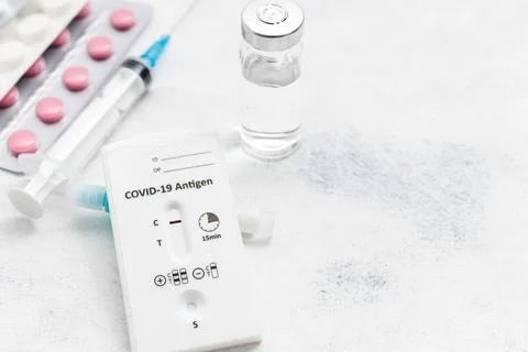 Rapid antigen test kit for viral disease COVID-19 with negative result, medic Stock Photos