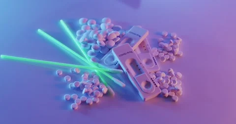 Rapid Covid test with applicator, antigen Covid-19 test on top of pills Stock Footage 172002769