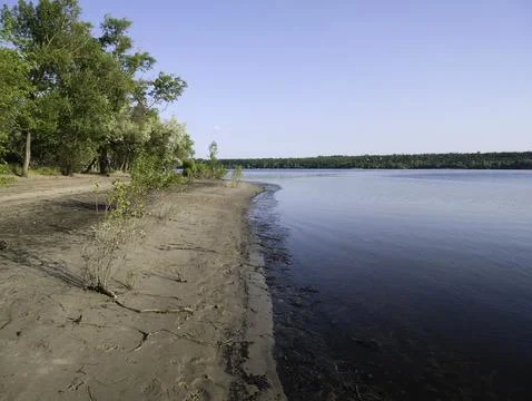 A rapid decrease in the water level in the Dnipro River Stock Photos