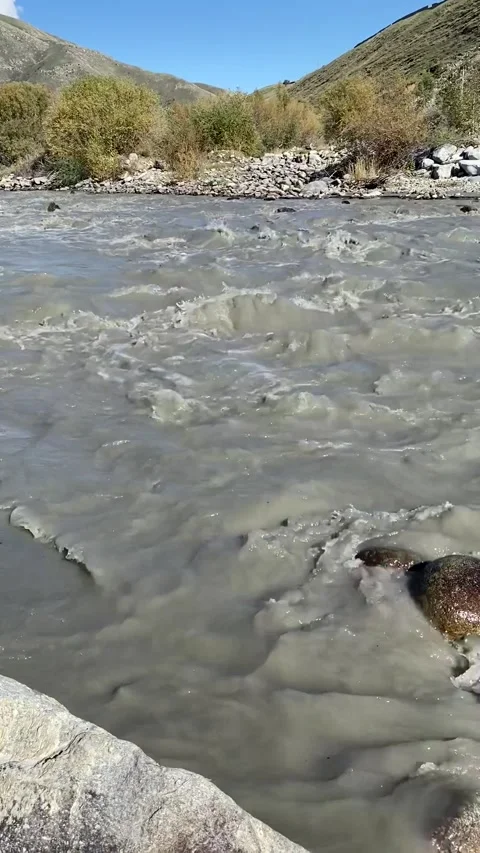 Rapid flow of a mountain river, dirty river Stock Footage 251663716