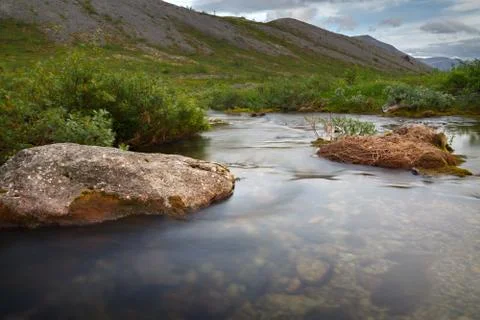 The rapid flow of the mountain river. Stock Photos