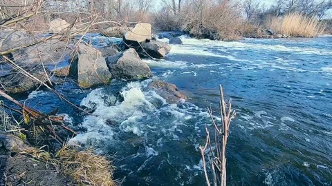 The rapid flow of the river with rapids. White foam flow. Early spring. Video stock 104432660