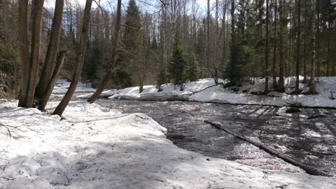 The rapid flow of the river in spring. Fast water flow with snowy river banks in Stock Footage 205942688