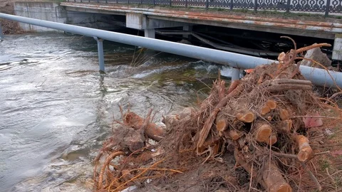 Rapid flow of river under bridge in city, rusty pipes laid across the river. Stock Footage 117894494