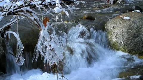 Rapid flow of water in a mountain river in winter.+sound Stock Footage 10240577