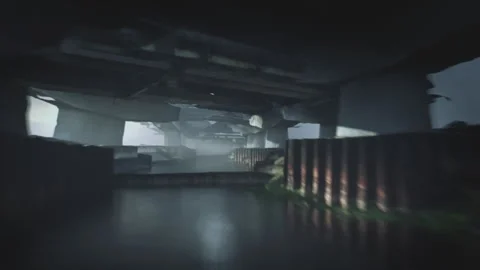 Rapid motion through a desolated, damaged flooded tunnel. Science-fiction themed Stock Footage 246193189