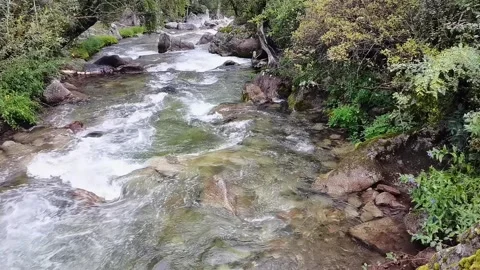 Rapid mountain river with cascades flows among the stones and rocky banks. Video stock 165791707