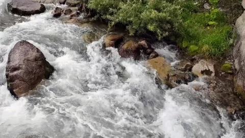 Rapid mountain river with cascades flows among the stones and rocky banks. Video stock 165791803