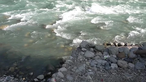 Rapid river flow with whitewater rapids crashing near rocky shoreline Video stock 330317252