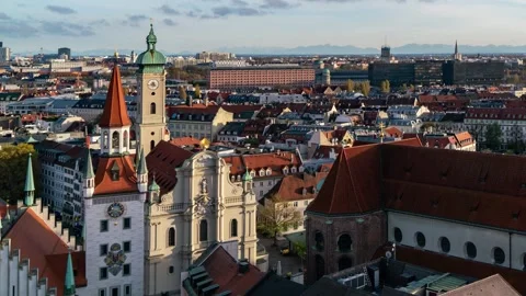 Rapid Sky View: Old Munich, St. Peter's Church - Gothic Marvel Stock Footage 261809749