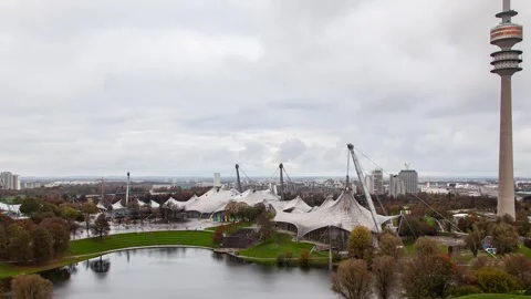 Rapid Skyline View: Munich Olympic Park with Autumn Vistas Stock Footage 261807089