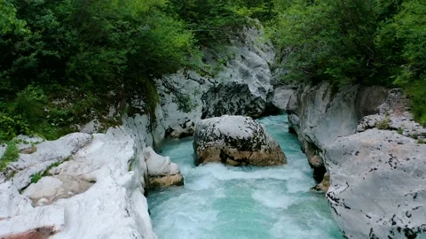 Rapid Soča River Floating in It With Crystal Clear, Emerald, Turquoise Water. Stock Footage 231664693