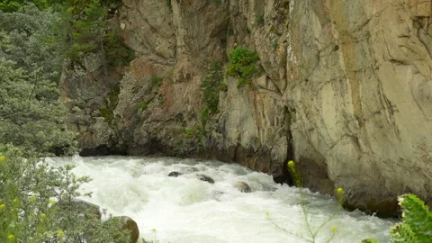 A rapid stream on a mountain river in a rocky corridor Stock Footage 342713806