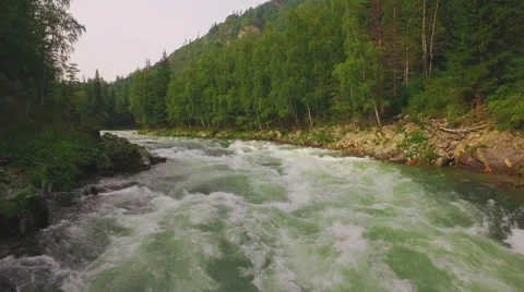 Rapid threshold on a mountain river, aerial Stock Footage 66860187
