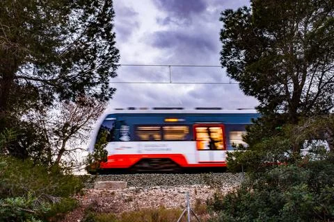 Rapid Transit: Tram Passing Through Benidorm Woodlands Stock Photos