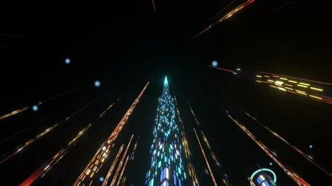 Rapid vertical ascent alongside towering illuminated broadcast needle in, 4K Stock Footage 336840663
