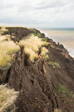 Rapidly eroding sea cliffs at Aldbrough on Yorkshires East Coast, UK. The coa Stock Photos