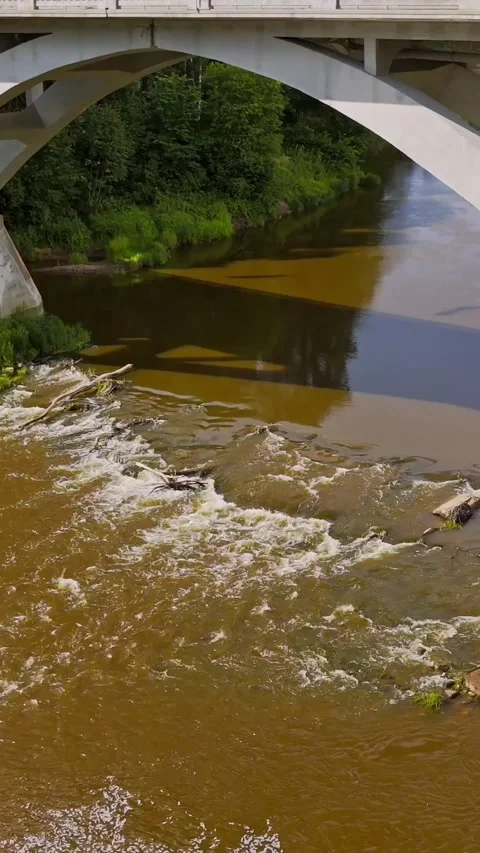 Rapids and Driftwood Beneath Arched Bridge on Gauja River Stockbeeldmateriaal 345181472