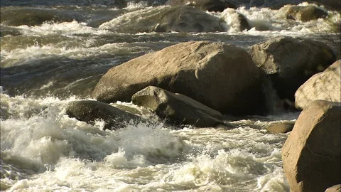Rapids with boulders rack focus Stock Footage 87312905