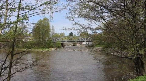 Rapids, a bridge and birds on a spring day Stock Footage 49902396