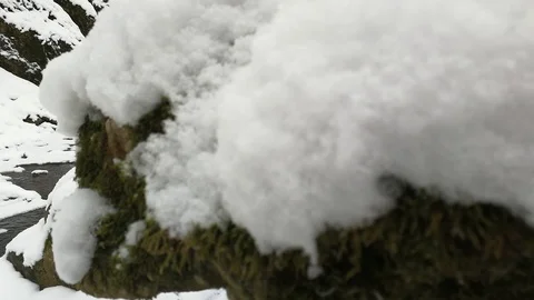 Rapids in the winter river through the rock that has snow cover Stock Footage 122759048