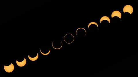 Rare Annular solar eclipse phases total composite  during Totality ring of fire Stock Photos