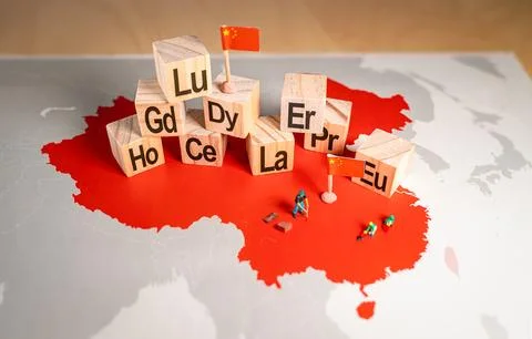 Rare earth elements over a map of China Fotos Stock