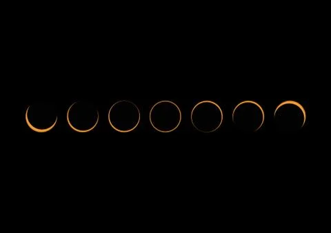 Rare hybrid solar eclipse phases composite panorama Totality  "ring of fire" Stock Photos