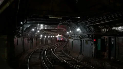 Rare shot of a moving subway train *inside* tunnel Stock Footage 164794573