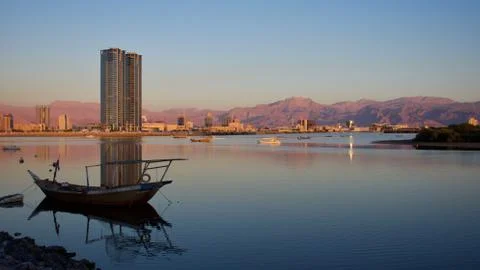 Ras Al Khaimah City in the UAE in the evening sunset at the Corniche Stock Photos