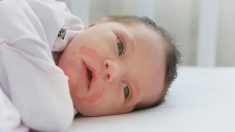 Rash and irritation around mouth of small child, skin problems Newborn girl with Stock Footage