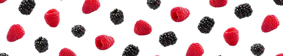 Raspberries abstract background. Fruit pattern of colorful wild berries isolated Stock Photos