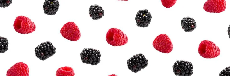 Raspberries abstract background. Fruit pattern of colorful wild berries isolated Stock Photos