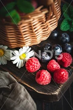 Raspberries and blueberries in a basket with chamomile and leaves on a dark b Stock Photos