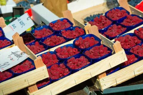 Raspberries in boxes Stock Photos