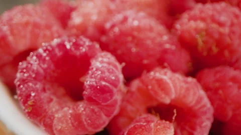 Raspberries Dish Pull Back Angle Above Macro Close Up Stock Footage 156055770