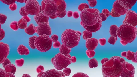 Raspberries Falling on Blue Beach Background. Stock Footage 170918906