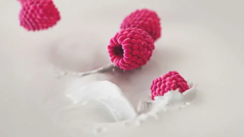 Raspberries Falling Into Milk in 4K Super slow motion Stock Footage 139908613