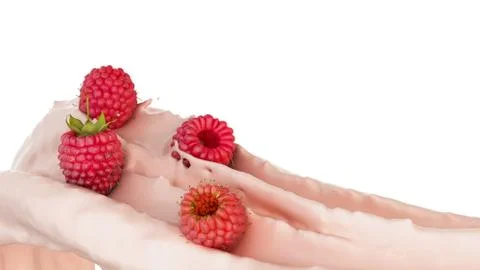 Raspberries float in a stream of yogurt Presentation of dairy products flavor Illustrazione stock
