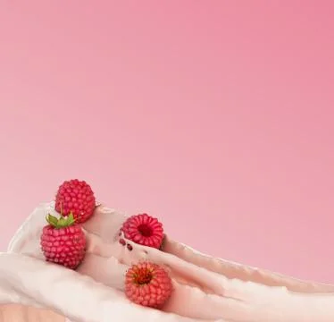 Raspberries float in a stream of yogurt Presentation of dairy products flavor Stock Illustration