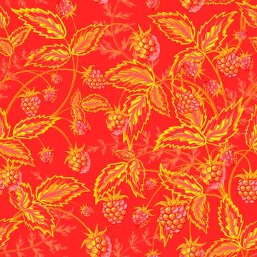 Raspberries seamless pattern with orange yellow raspberry and leaves on red Stock Illustration