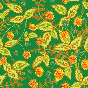 Raspberries seamless pattern with rel orange raspberry and leaves on green Illustrazione stock