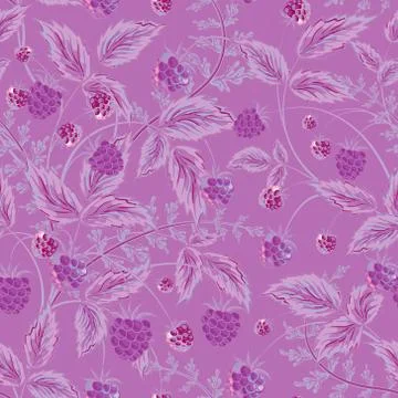 Raspberries seamless pattern with violet raspberry and leaves on lilac Stock Illustration
