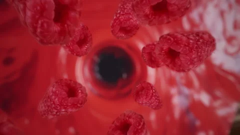 Raspberries spiraling and falling in the liquid red smoothie slow motion Stock Footage 258516082