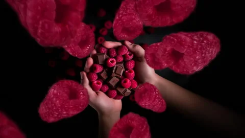 Raspberries spiraling and falling into person's hand full of fruit slow motion Stock Footage 258524754