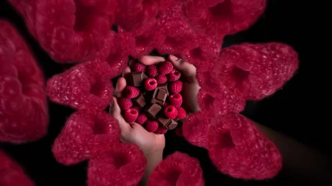 Raspberries spiraling and falling into person's hand full of fruit slow motion Stock Footage 258525438