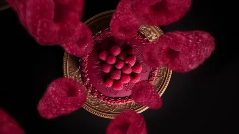 Raspberries spiraling and falling on a red birthday cake slow motion Stock Footage 258521420