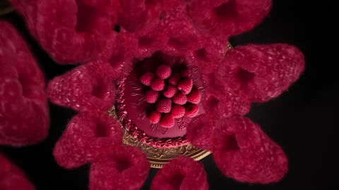 Raspberries spiraling and falling on a red birthday cake slow motion Stock Footage 258522184